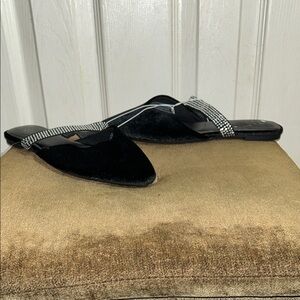 Maxine Flats Black Velour Women's Shoes Mules Slides with Rhinestone Bling Strap